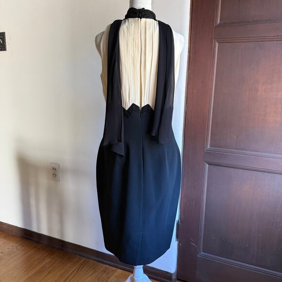 LUISA SPAGNOLI | Black & Cream Silk Surplice Bodice Beaded Cocktail Dress Size 6 - Picture 2 of 10